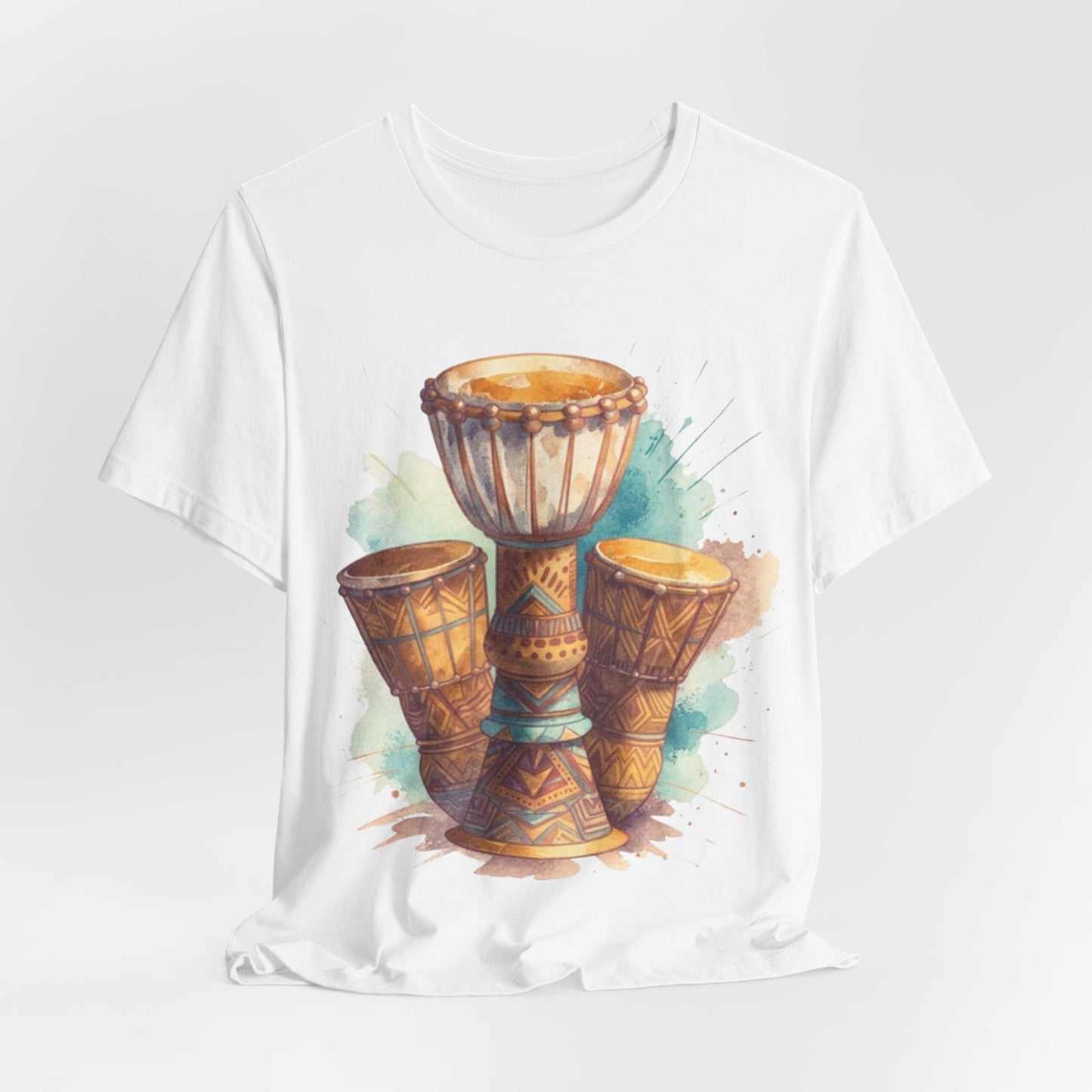 Watercolor Rhythms: African Drums in Harmony – Unisex Jersey Tee