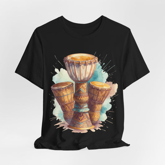 Watercolor Rhythms: African Drums in Harmony – Unisex Jersey Tee